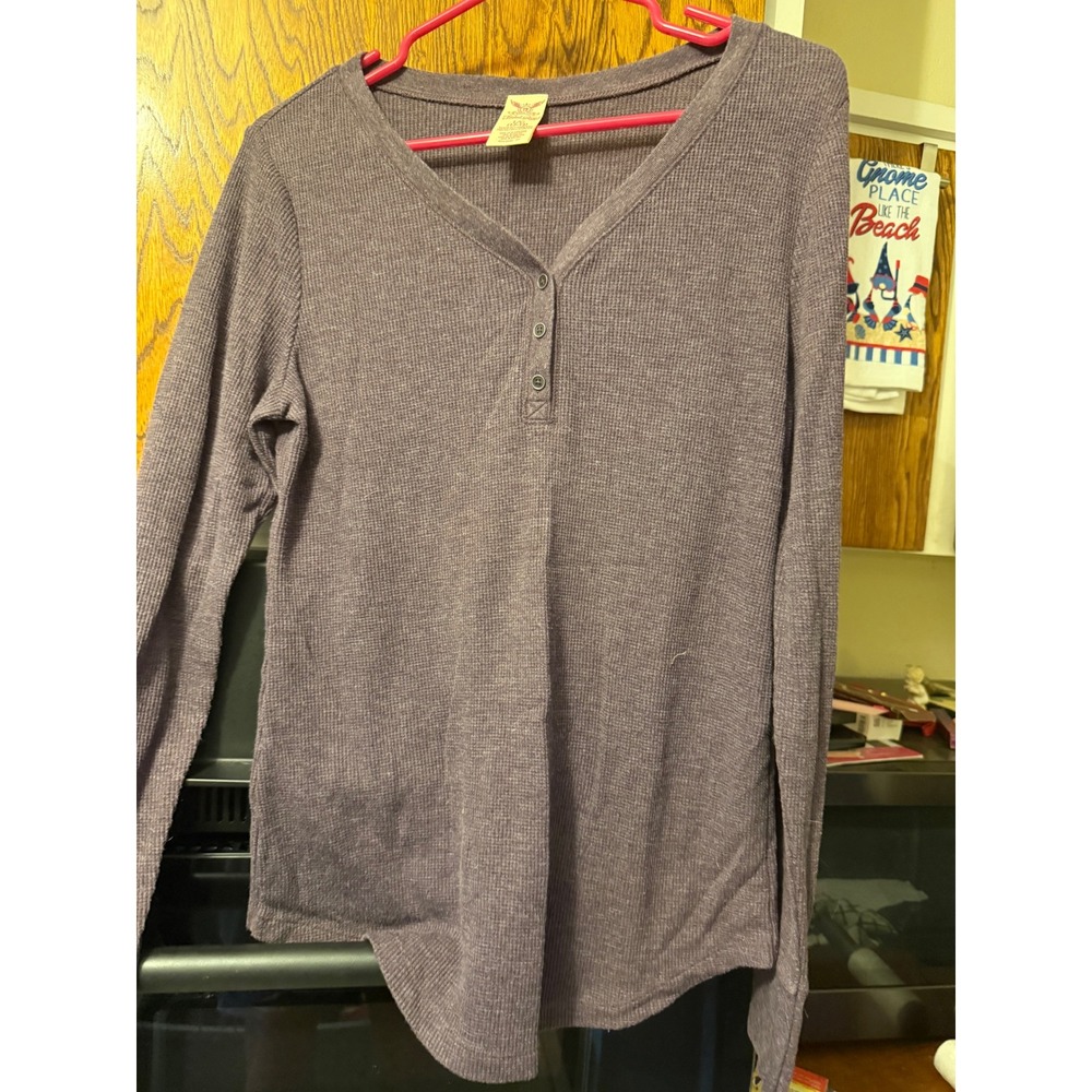 Faded Glory Womens Purple Waffle Knit Henley Top Long Sleeve Thermal Large 12-14